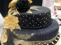 Margaret's original design Black & Gold two tier stacked cake with Gold and Black Dasmask roses 31-10-2015