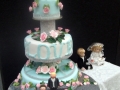 Margaret's original design -3 tier wedding cake in egg duck blue with diamantes & pink roses in two tone